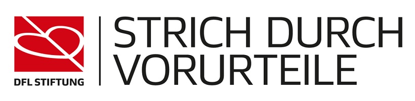 "Signet der DFL Stiftung: Roter Fußball, durchgestrichen von einem weißen Band, mit dem Schriftzug 'STRICH DURCH VORURTEILE'"