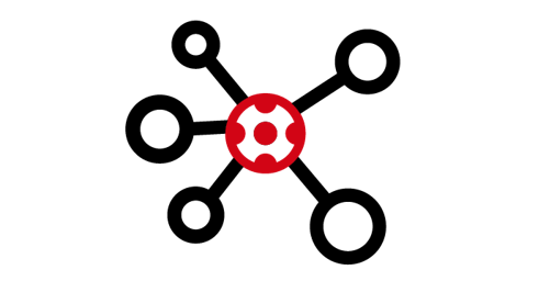 Symbol für ein Netzwerk, dargestellt als roter Fußball im Zentrum, von dem schwarze Linien in alle Richtungen ausgehen und mit Kreisen enden.