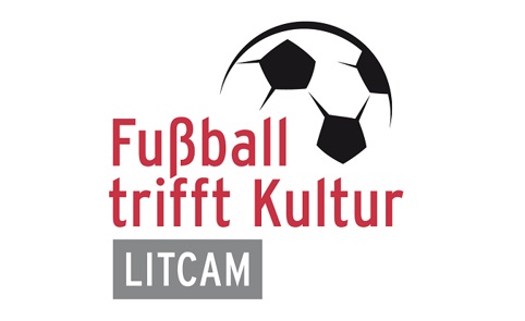 Logo "Fußball trifft Kultur" mit einem Fußball und dem Schriftzug "Fußball trifft Kultur". Darunter befindet sich der Schriftzug "LITCAM".