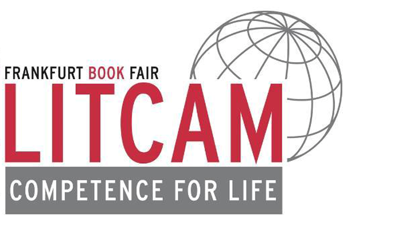 Logo von LITCAM, einem Projekt der Frankfurter Buchmesse. Roter Schriftzug "LITCAM" über einem grauen Balken mit dem Slogan "COMPETENCE FOR LIFE". Darüber steht "FRANKFURT BOOK FAIR". Im Hintergrund ist eine stilisierte Weltkugel zu sehen.