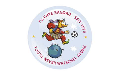 Logo des FC Ente Bagdad, ein stilisiertes Maskottchen in Fußballkleidung, umgeben von dem Schriftzug "FC Ente Bagdad - Seit 1973" und "You'll never Watschel alone".