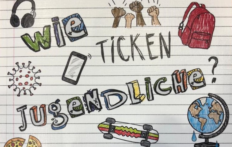 Ein Linienblatt, auf dem ein Schulranzen, ein Stück Pizza, Globus, Kopfhörer, das Coronavirus, Handy, Skateboard und Fäuste gezeichnet sind sowie die Frage wie Jugendliche ticken