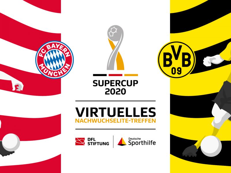 Ankündigung des virtuellen Nachwuchselite-Treffens 2020 mit Club-Logos des FC Bayern München und Borussia Dortmund