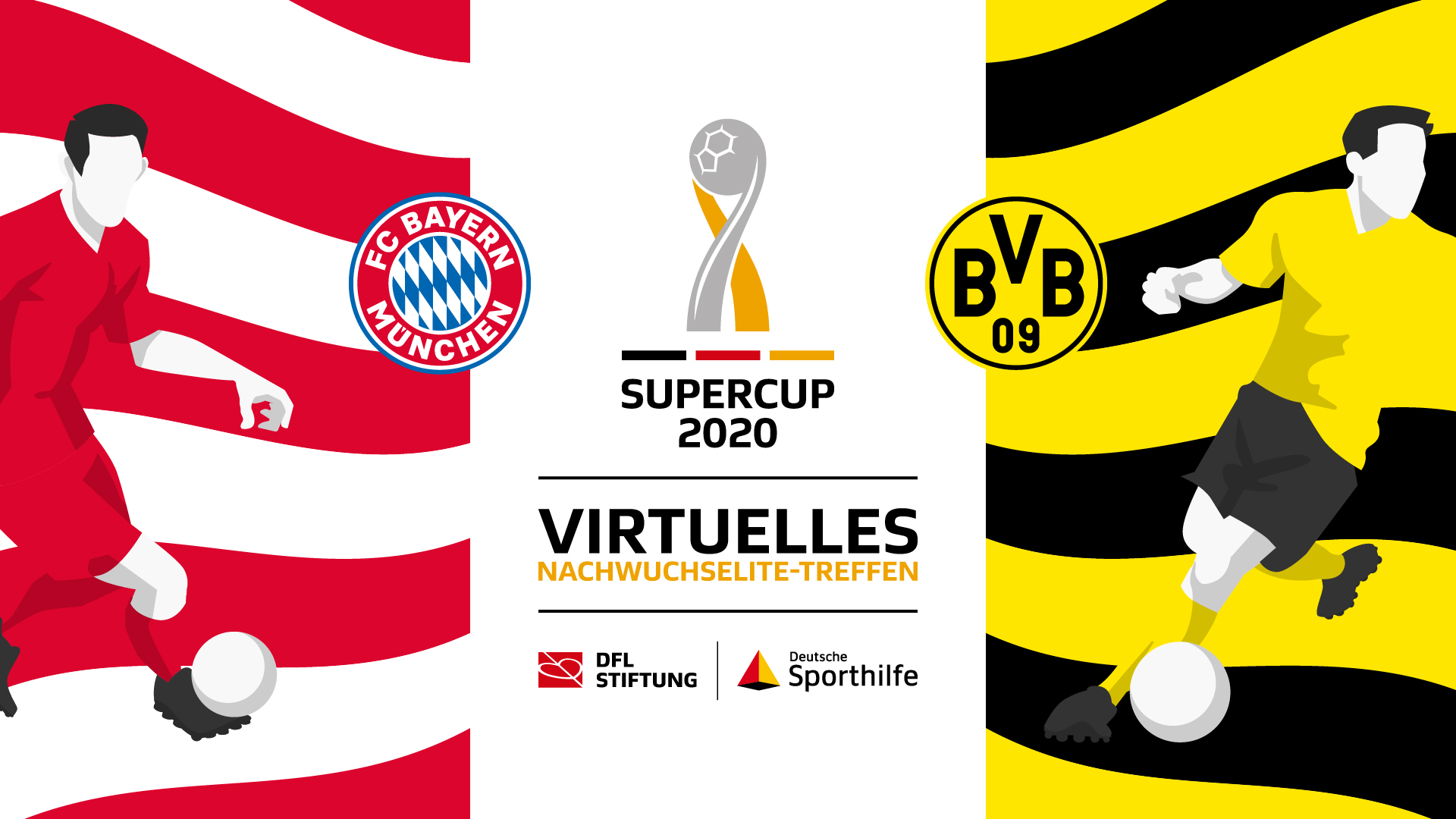 Ankündigung des virtuellen Nachwuchselite-Treffens 2020 mit Club-Logos des FC Bayern München und Borussia Dortmund