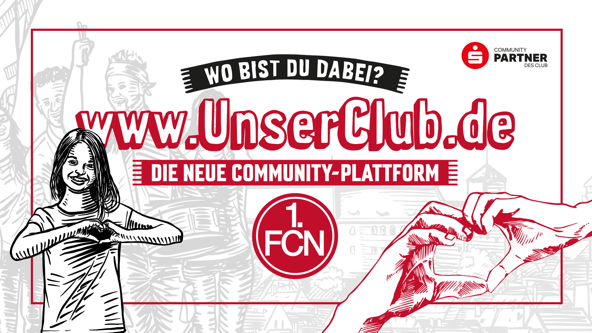 Stadionleinwand des 1. FC Nürnberg für die neue Community-Plattformmit einem Mädchen sowie zwei Händen, die das Herzsymbol zeigen