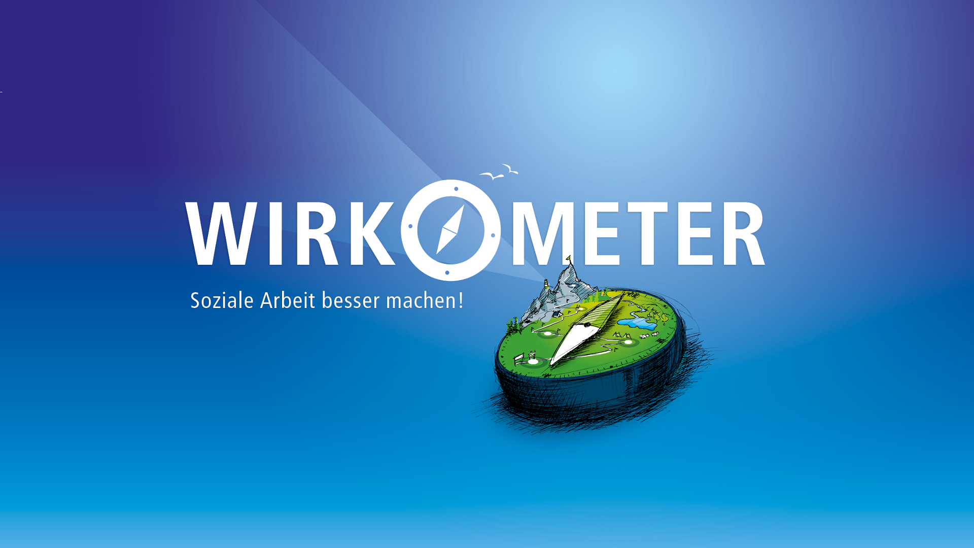 Wirkometer Logo auf dem blauen Hintergrund mit der Aufforderung soziale Arbeit besser zu machen