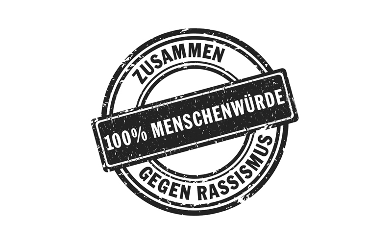 Logo in schwarz-weiß mit der Aufforderung zusammen gegen Rassismus zu kämpfen