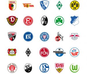 Eine Collage aus den Logos verschiedener Fußballvereine der Bundesliga und 2. Bundesliga. Die Logos sind in einer Rasteranordnung angeordnet und repräsentieren eine Vielzahl von Vereinsfarben und Wappenmotiven.