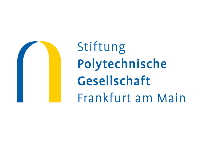 Logo der Polytechnische Gesellschaft Frankfurt am Main, bestehend aus einem blauen und gelben Bogen, darunter der Schriftzug "Stiftung Polytechnische Gesellschaft Frankfurt am Main".