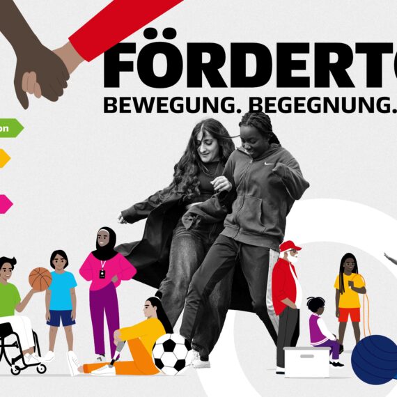 Grafik mit der Aufschrift: "Fördertopf - Bewegung. Begegnung. Zukunft." mit mehreren Bildern und Animationen von Kindern und Jugendlichen, die Sport machen.