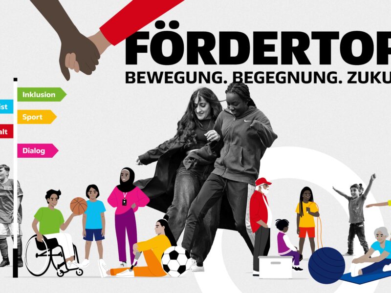 Grafik mit der Aufschrift: "Fördertopf - Bewegung. Begegnung. Zukunft." mit mehreren Bildern und Animationen von Kindern und Jugendlichen, die Sport machen.