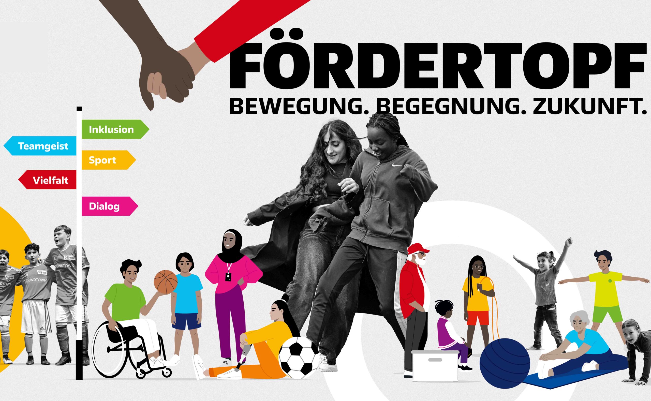 Grafik mit der Aufschrift: "Fördertopf - Bewegung. Begegnung. Zukunft." mit mehreren Bildern und Animationen von Kindern und Jugendlichen, die Sport machen.